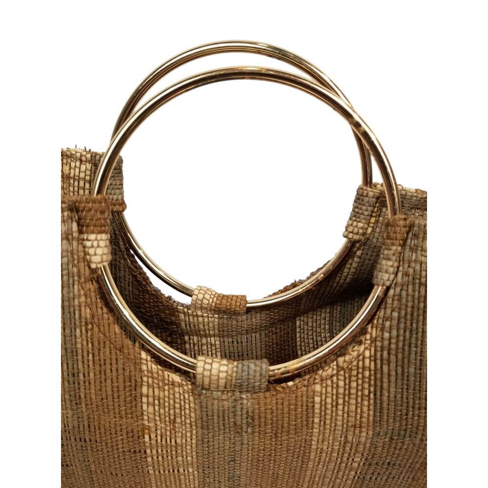 Shebobo Raffia Structured Tote Bag Tan Gold Round Circle Metal Handle - Picture 2 of 5